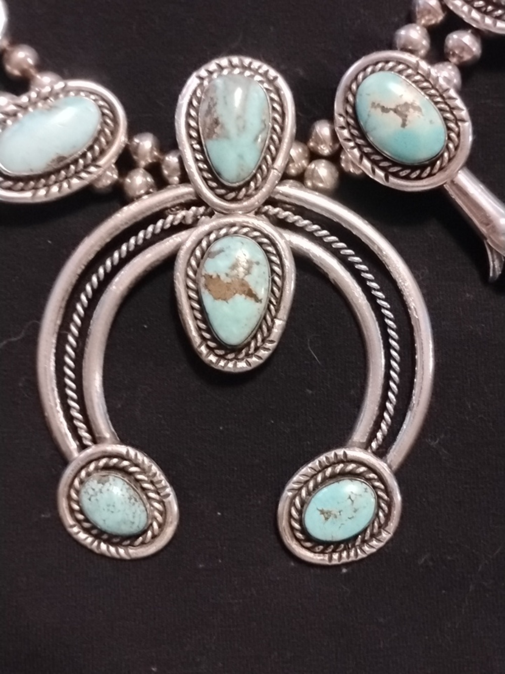 Beautiful Vintage Navajo Sterling Silver & Turquoise Squash Blossom Necklace - Picture 2 of 6